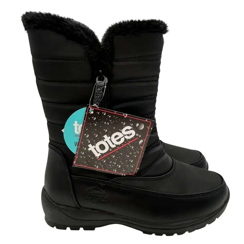 New Totes Jennifer Black Waterproof Winter Snow Boots Women's Size 6W Faux Fur